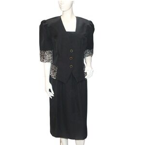 Vintage TF Black Skirt Suit Women Size 16 USA Made 80s 90s Two Piece Set